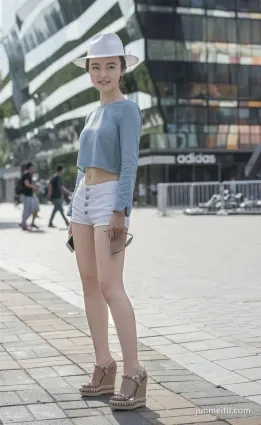 時尚街拍露臍短衫熱褲長腿小美女，清涼襲人青春洋溢！