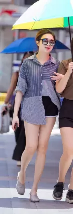 時尚墨鏡熱褲襯衫修長大白腿白皙美女