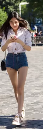氣質牛仔熱褲露臍裝白皙長腿妹紙