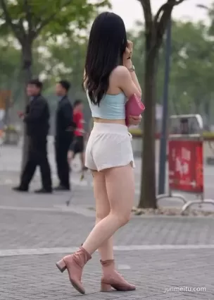 街拍緊緻白色吊帶小紋身俏皮純棉短褲大白腿氣質女郎