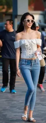 街拍高挑苗條長腿露腰藍色緊身牛仔褲氣質墨鏡美女