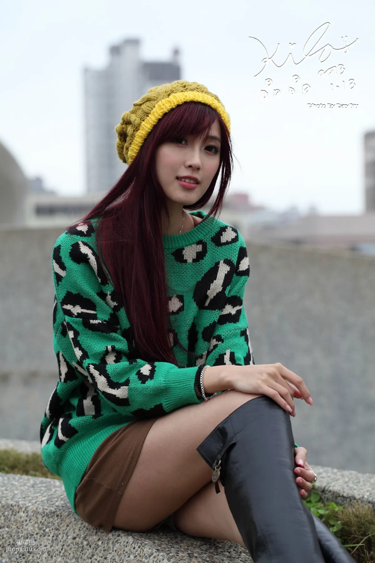 Taiwan Model Liao Tingling/Kila Jingjing, Green Long Coat + Long Boots, Street Snap Photo Set photo 9